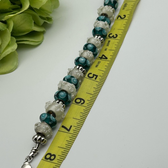 Artesian lampwork glass BoHo bracelet Teal White Murano Glass Rustic Chunky - Picture 4 of 4
